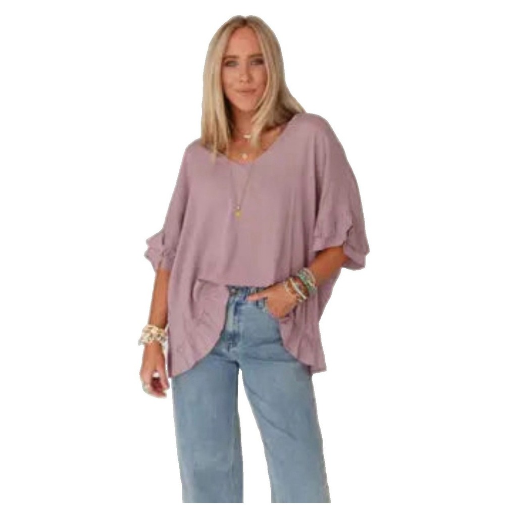 Three Birds Nest Top L Mauve Oversized Ruffle Hem Blouse Boho Boxy
